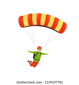 Parachute jump. Happy paratrooper descends with a parachute in the sky. Concept of sports activity, leisure on nature in the air.