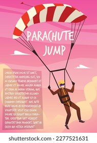 Parachute jump poster template, flat vector illustration. Happy character in equipment skydiving. Banner with copy space for text. Concept of extreme sport and adrenaline.