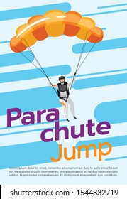 Parachute jump poster vector template. Skydiving, paragliding. Brochure, cover, booklet page concept design with flat illustrations. Extreme sport. Advertising flyer, leaflet, banner layout idea