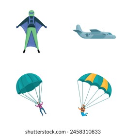 Parachute jumper icons set cartoon vector. Skydiver flying with parachute. Extreme sport, hobby