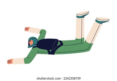 Parachute jumper, skydiver floating in air. Extreme parachutist skydiving. Human falls down, flies at height. Person jumping, soaring in sky. Flat vector illustration isolated on white background