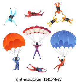 Parachute jumpers. Extreme sport skydiving paragliding male and female sportsmen in sky vector characters