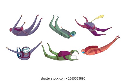 Parachute Jumpers Floating in the Sky with Closed Air-chute Vector Set
