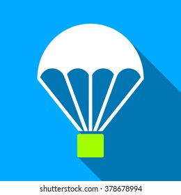 Parachute long shadow vector icon. Style is a flat light symbol with rounded angles on a blue square background.