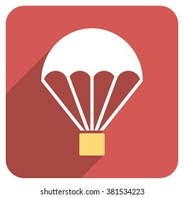 Parachute long shadow vector icon. Style is a flat symbol on a red rounded square button.