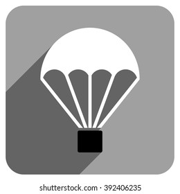 Parachute long shadow vector icon. Style is a flat parachute iconic symbol on a gray square background.