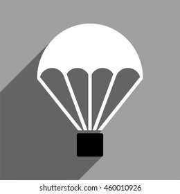 Parachute long shadow vector icon. Style is a flat parachute black and white iconic symbol on a gray square background.