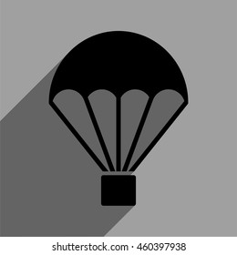 Parachute long shadow vector icon. Style is a flat parachute black iconic symbol on a gray square background with longshadow.