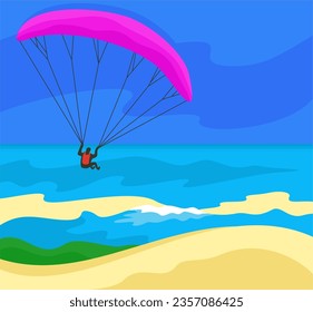 Parachute. Man fliying on parachute over the sea and huge sandy dune. Paragliding concept.