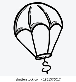 Icono vectorial del doodle de dinero paracaidista. Línea dibujada a mano en la ilustración del esbozo de dibujo.