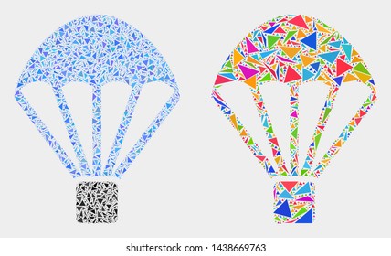Parachute mosaic icon of triangle elements which have different sizes and shapes and colors. Geometric abstract vector illustration of parachute.