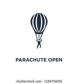 Parachute Open icon. Black filled vector illustration. Parachute Open symbol on white background. Can be used in web and mobile.