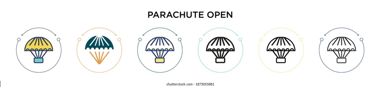 Parachute open icon in filled, thin line, outline and stroke style. Vector illustration of two colored and black parachute open vector icons designs can be used for mobile, ui, web