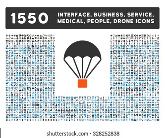 Parachute and other web interface, business tools, people poses, medical service vector icons. Style is flat symbols, bicolored, rounded angles, white background.