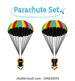 Parachute pack with opened parachute. Bright extreme sport equipment  