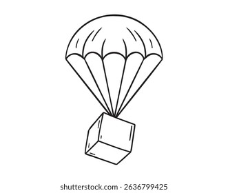 parachute package cargo delivery icon doodle hand drawn. Outline parachute package line drawing clipart symbol. Vector illustration