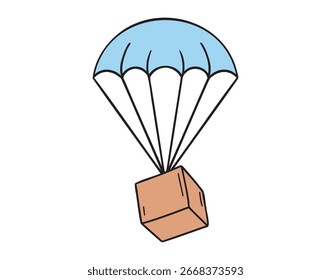 Paquete de paracaídas icono de entrega de carga dibujado a mano. Símbolo colorido del Clipart del dibujo de la línea del paquete del paracaídas de la historieta. Ilustración vectorial