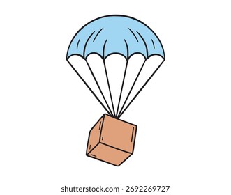 Paraquedas ícone de entrega de carga doodle mão desenhada. Desenho animado colorido paraquedas embutido linha desenho clipart símbolo. Ilustração vetorial