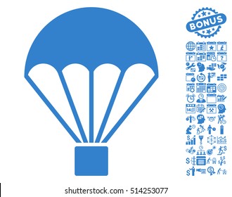 Parachute pictograph with bonus calendar and time management pictograph collection. Vector illustration style is flat iconic symbols, cobalt color, white background.