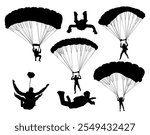 Parachute sky diving silhouette set