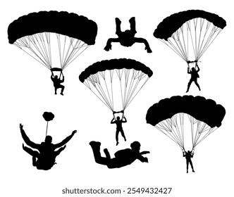 Parachute sky diving silhouette set