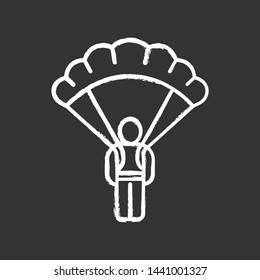 Parachute skydiver chalk icon. Virtual video game equipment, inventory. Parachuting, skydiving. Game player, warrior, soldier with parachute. Cybersport. Isolated vector chalkboard illustration