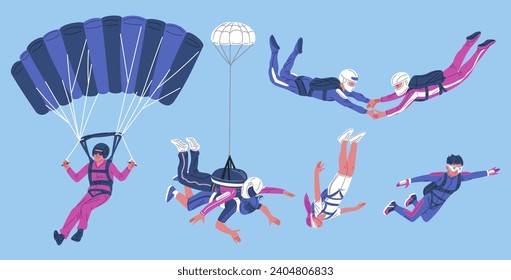 Parachute Skydiver characters set take the leap from planes and soar through the skies, flat vector illustration isolated on background. People get skydiving experiences.