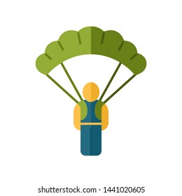 Parachute skydiver flat design long shadow color icon. Virtual video game inventory. Parachuting, skydiving. Game player, warrior, soldier with parachute. Cybersport. Vector silhouette illustration