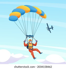 Parachute skydiver with plane in the sky illustration