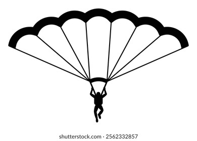 Parachute with skydiver vector icon. Parachutist symbol for extreme sports, adventure, and skydiving activities. Black silhouette isolated on white background.