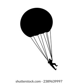 Parachute, skydiver, vector illustration isolated on white background. Black spot in the shape of a flying man who jumped out of a plane with a parachute, drawing in a simple flat style.
