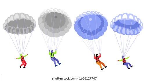 Parachute skydivers. Parachute jumping characters on white, parachutists vector illustration, skydiver hobby and sport activities