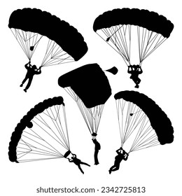 Parachute or skydiving paragliding silhouettes vector collection