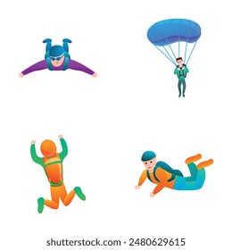Parachute sport icons set cartoon vector. Man skydiver during jump. Extreme entertainment, hobby