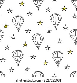 Parachute, stars seamless pattern. Vector Illustration for printing, backgrounds, covers, packaging, greeting cards, posters, stickers, textile and seasonal design. Isolated on white background.