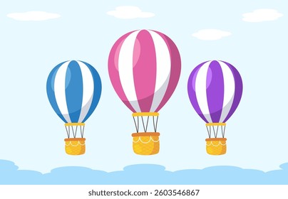 Parachute vector with colorful on sky background with clouds. Flying air balloon with cartoon style.