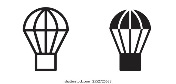 Parachute vector icon set black filled and outlined style.