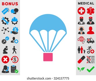 Parachute vector icon. Style is bicolor flat symbol, pink and blue colors, rounded angles, white background.