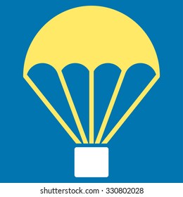 Parachute vector icon. Style is bicolor flat symbol, yellow and white colors, rounded angles, blue background.