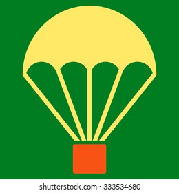Parachute vector icon. Style is bicolor flat symbol, orange and yellow colors, rounded angles, green background.