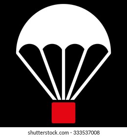 Parachute vector icon. Style is bicolor flat symbol, red and white colors, rounded angles, black background.