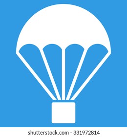 Parachute vector icon. Style is flat symbol, white color, rounded angles, blue background.