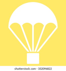 Parachute vector icon. Style is flat symbol, white color, rounded angles, yellow background.