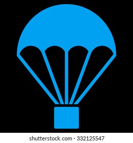 Parachute vector icon. Style is flat symbol, blue color, rounded angles, black background.