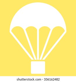 Parachute vector icon. Style is flat symbol, white color, rounded angles, yellow background.