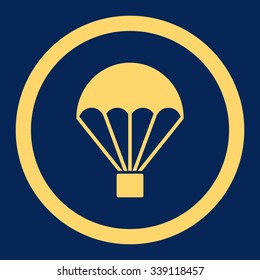 Parachute vector icon. Style is flat rounded symbol, yellow color, rounded angles, blue background.