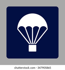 Parachute vector icon. Style is flat rounded square button, white and dark blue colors, silver background.