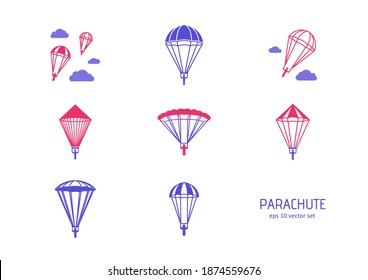 Parachute - vector icons set. Symbol for web, infographics, print design and mobile UX UI kit. Vector illustration, EPS10.