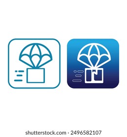 a parachute-flying box. Parcel airdrop, rapid express delivery and shipping service, worldwide logistic concept. vector symbol. cartoony, minimalistic aesthetic, delivery box