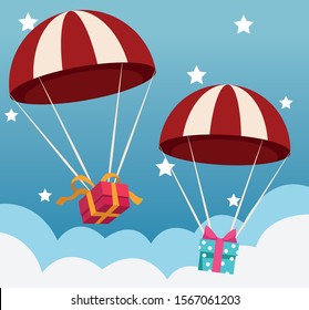 parachutes with gift boxes over sky with stars background, colorful design , vector illustration